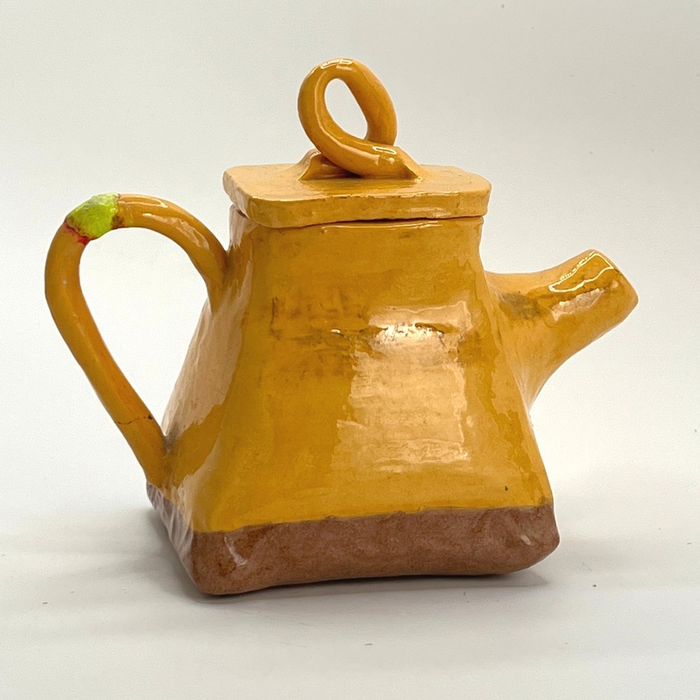 Vintage Mustard Yellow Pottery Teapot, Sculptural Kitchen Shelf Decor - Picture 3 of 7